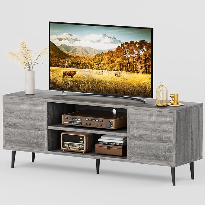 JUMMICO TV Stand for 65 Inch TV Mid Century Modern TV Stand Entertainment Center with Storage Cabinet and Open Shelves TV Console Table Media Cabinet for Living Room and Bedroom (Gray)