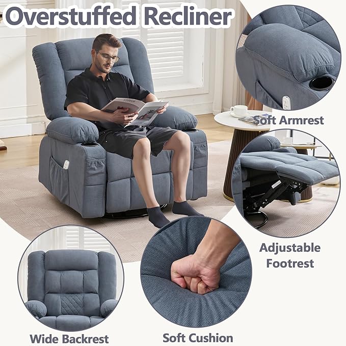Oversized Recliner Chairs for AdultsSwivel Rocking Chair Recliner with Wide Arms&amp Backrest Fabric Reclining Chair with Pockets Lazy Boy Recliners for Living Room Bedroom (Regular Blue)