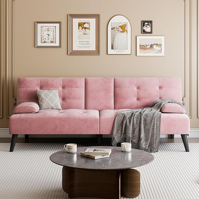 Meilocar Futon Sofa Bed Modern Convertible Sofa Couch Recliner 64 in Adjustable Sofa Bed for Living Room Removable Armrest Pillow 2 Cup Holders 3 Angles Back 5.3FT Pink