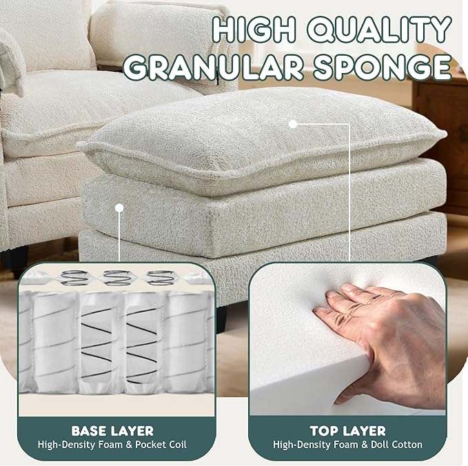 Accent Chair Comfy Oversized Sofa Sleeper Chair with Ottoman Modern Deep Seat Single Sofa Couch for Living Room Bedroom Study Balcony (Chenille Beige)