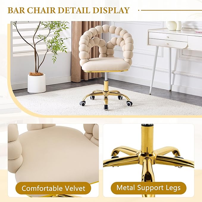 Home Chair Swivel Velvet Desk Chair Upholstered Accent Chairs with Gold Base for Girls Women Study Seat Caterpillar Computer Stools for Living Room(Cream)