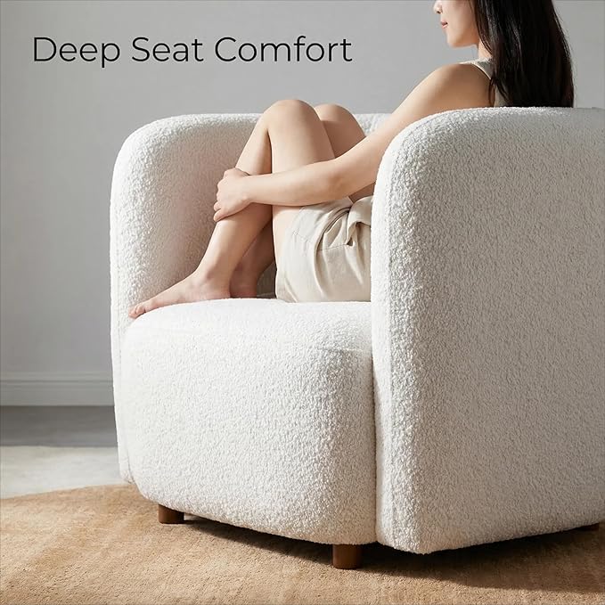 Modern Boucle Accent Square Sofa Chair Oversized Single Cloud Couch Chair Japandi Style 1-Seater Armchair with Thick Foam Comfy Boucle Chair for Living Room &amp Bedroom White