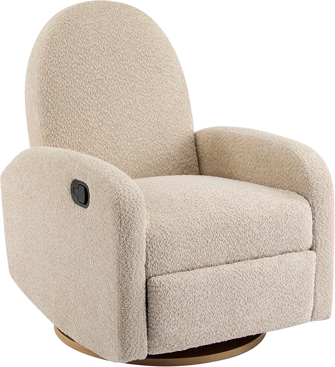 Christopher Knight Home Sidney Fabric Upholstered 360° Swivel Chair Boucle Push-Back Recliner Solid Wood Glider Recliner with Rotation Living Room Single Lounge Sofa Almond Beige