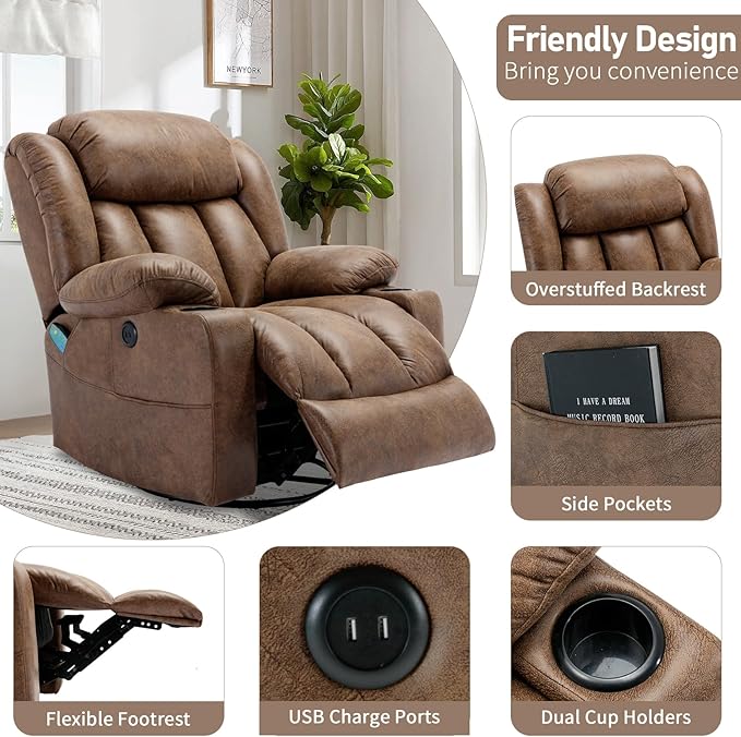 360° Swivel Rocker Recliner Chair with Heat and Massage Manual Glider Rocking Reclining Chair Swivel Overstuffed Lounge Reclining Chair with 2 Cup Holders Side Pockets &amp USB Ports Brown