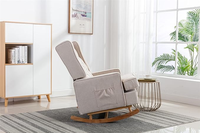 QQU Rocking Chair with Arms Leisure Teddy Chair IndoorComfy High Back Chair with Solid Wood Base Side Pocket for Living RoomBedroomOffice (Beige)