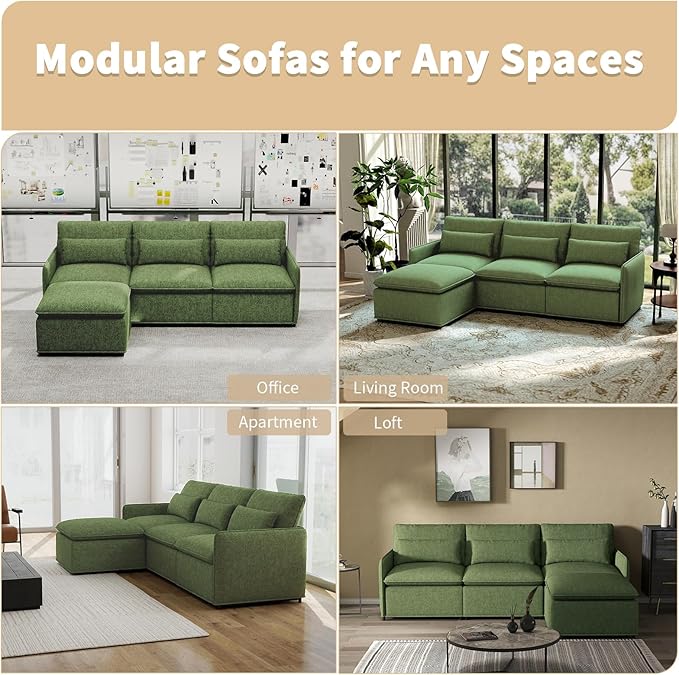 L Shaped Sectional Couch 94.5 Sectional Cloud Couch for Living RoomFluffy Modular Sofa with Textured Corduroy3 Seaters with OttomanPet-Friendly Comfy Modern Deep Seat Sofa SetGreen