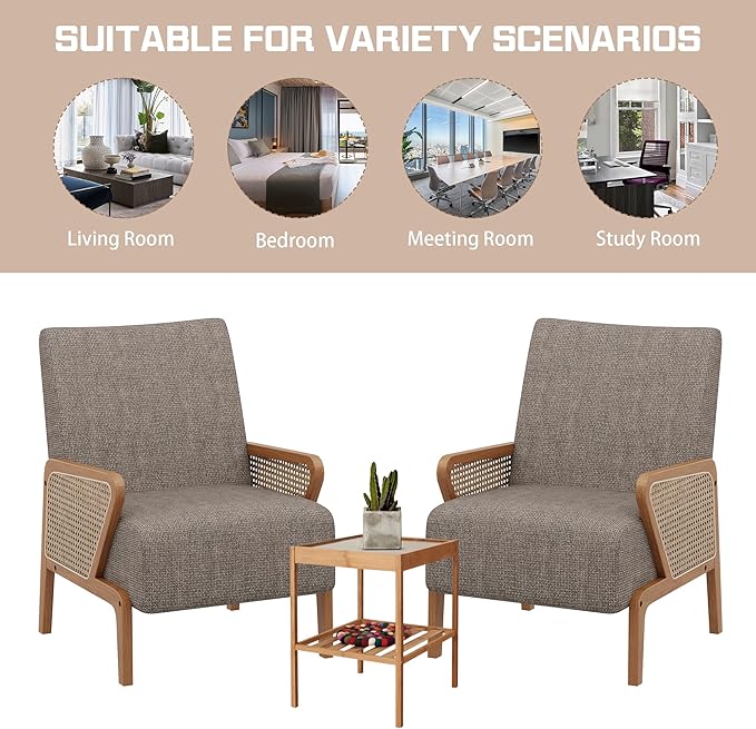 Alunaune Upholstered Natural Rattan Living Room Chairs Accent Chair Armchair Set of 2 Modern Fabric Slipper Club Chair Guest Reception Couch Comfy Single Sofa for Reading Bedroom-Taupe