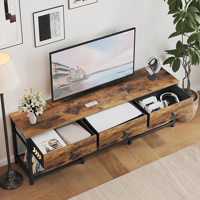 TV Stand with 3 Fabric Drawers for up to 50 Inch TV 47.2 Industrial Media Console Entertainment Center with Shelves for Living Room Bedroom Home Office Rustic Brown and Black DS12BR