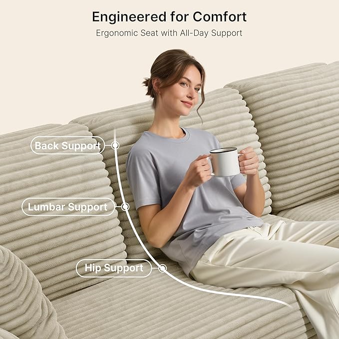 Gizoon 105 Cloud Sectional Couch with L-Shape Chaise Modular Boneless Sofa for Living Room Upholstered Corduroy Couch with Deep Seat No Assembly Required (Beige Left Facing Chaise)