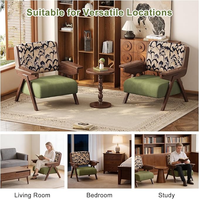 Accent Chair Mid Century Modern Chair Velvet Upholstered Lounge Arm Chair with Solid Wood Cozy Reading Chair for Living Room Bedroom Balcony (Feather Print Single Chair)
