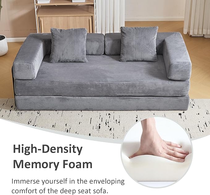 Convertible Sleeper Sofa Bed Compression Folding Sofa with Pillow No Assembly Required Shape Frame Floor Sofas Lounge Couch for Living Room Bedroom Small Spaces(Corduroy 77''W Dark Grey)