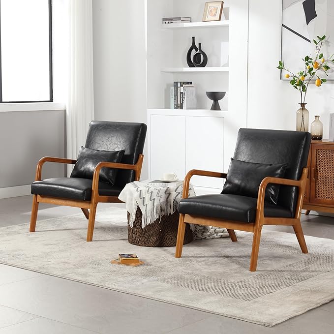 Modern Accent Chair Solid Wood Padding Lounge Armchairs with One Pillow for Living Room Bedroom Guest Room (Black PU)