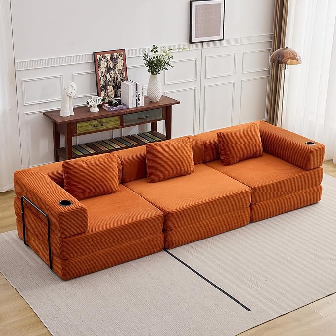 118 Oversized Sectional Couches Convertible Floor Sofa Bed with Cup Holder Boneless Foldable Mattress Cloud Couch with Pillow Back &amp Armrest for Living Room Bedroom Lounge(Corduroy Orange)