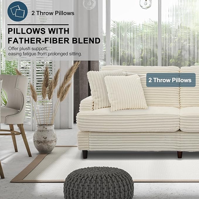 80 Inch Sofa Couch Comfy Love Seat Couches for Living Room Mid Century Modern Oversized Two Seater Couch Plush Corduroy Deep Seat Sofas for Bedroom Small Space Apartment Beige
