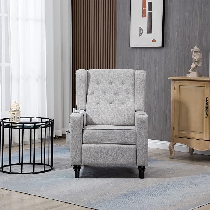 Generic Pushing Recliner Chair Modern Button Tufted Wingback Push Back Recliner Chair Living Room Chair Fabric Manual Single Reclining Sofa Home Theater Seating for BedroomLight Gray
