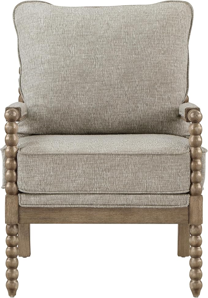 OSP Home Furnishings Fletcher Spindle Accent Chair with Rustic Brown Finish Fog Beige Upholstery