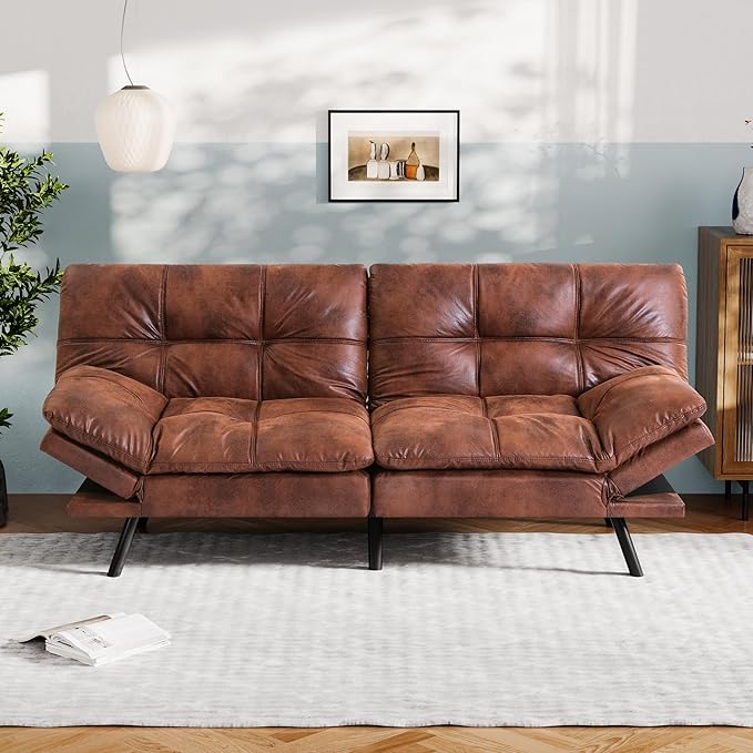 Vyfipt Convertible Futon Sofa Bed Brown Faux Leather Futon Couch with Adjustable Backrest &amp Armrests Folding Small Recliner Sleeper Sofa Bed for Living Room Apartment Office