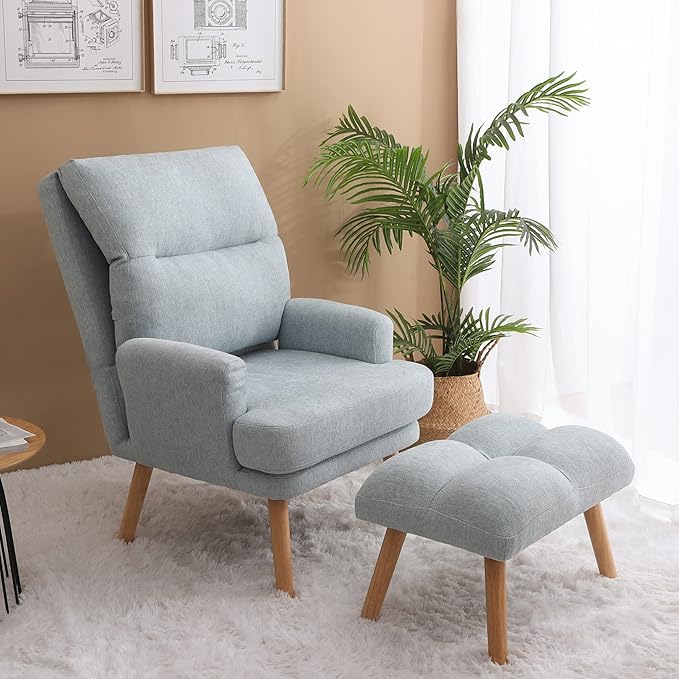Accent Chair with Ottoman SetFabric Armchair with Wood Legs and Adjustable High Backrest Mid Century Modern Upholstered Lounge Chair for Living RoomBedroomReading Room and Study (Blue)