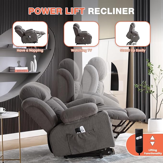 Power Lift Recliner Chair for Elderly with Vibration Massage and Lumbar Heating Electric Lift Recliner Single Sofa with Side Pocket Two Cup Holders and USB Charge Port for Living Room