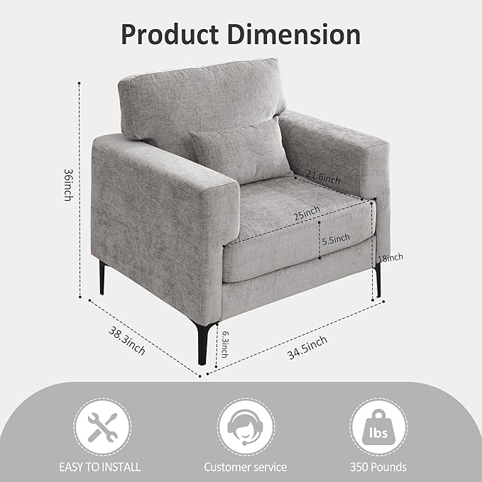Oversized Accent Chairset of 2 with Metal LegsComfy Chenille Armchair and a HalfModern Century Single Sofa Extra Large Reading Club Chair for BedroomLiving RoomApartmentLight Grey