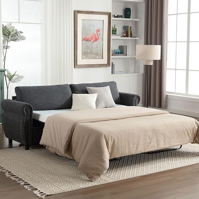 Pull Out Sofa Bed with Mattress Included Convertible Futon Oversized Chenille 3 Seater Loveseat Sleeper Sofa Couch Bed with Rivet Decoration &amp Rolled Arms for Guest Room Office Living Room Dark