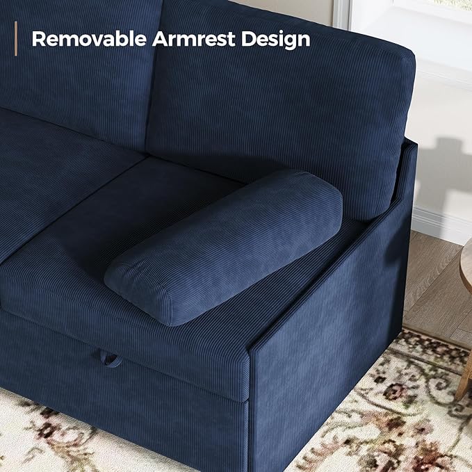 80 inch Convertible Sectional Sofa L-Shaped Sofa Sleeper with Reversible ChaiseCouch Bed with StorageRemovable ArmrestModern Pull Out Bed for Living Room BedroomCorduroy Blue