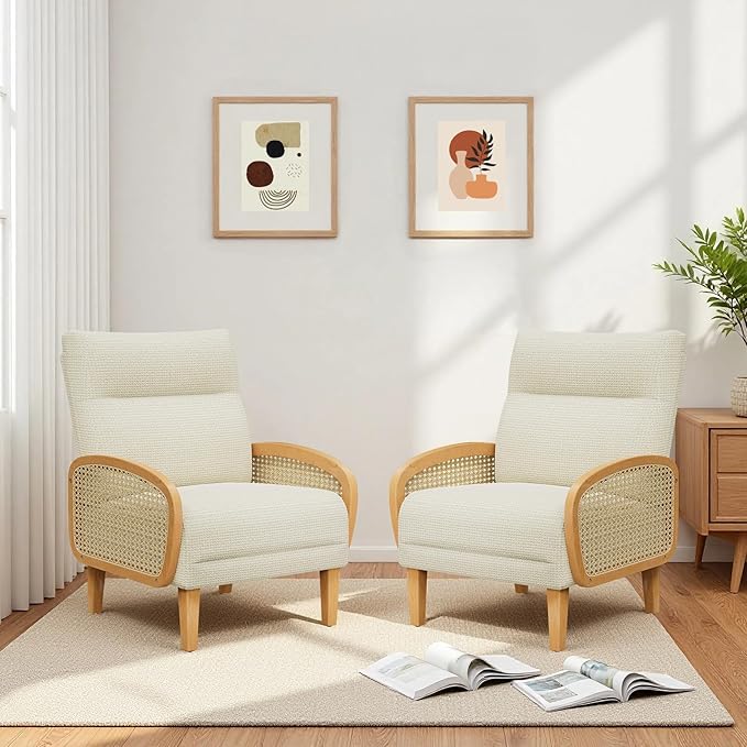 Rattan Accent Chair Arm Chair with High Resilience Cushion Armchair with Sturdy Ash Wood for Living Room Beige