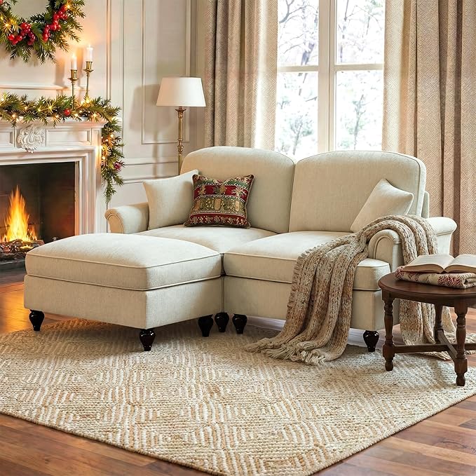 76 Chenille Loveseat Sofa for Living Room Traditional Sofa Couch with Ottoman Detachable Ruffled Skirt Flared Arms Spindle Legs Elegant Mid Century Sofa Couch for Apartment(White)