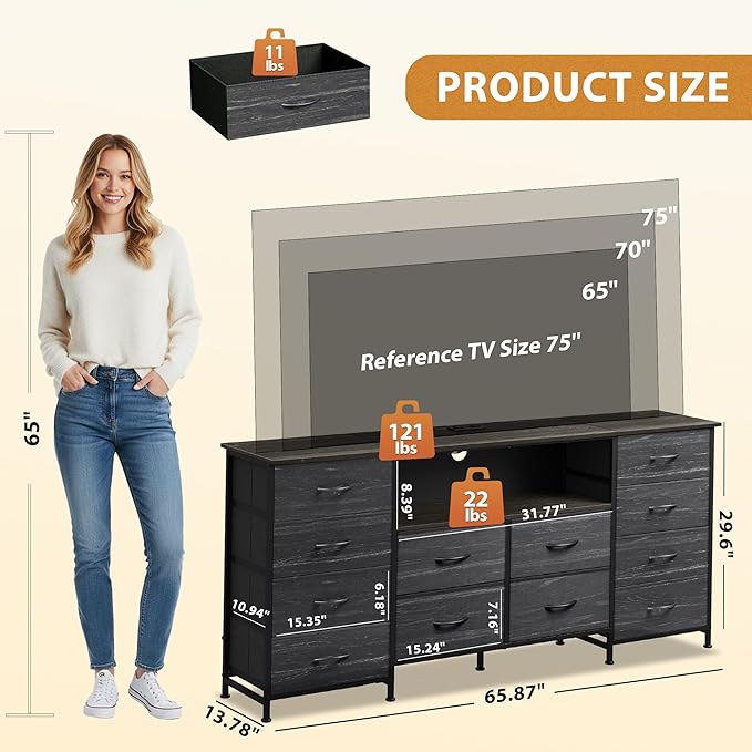 Black TV Stand for 65 70 75 inch TV Entertainment Center with LED Lights &amp Charging Station TV Media Console Table with 12 Fabric Drawers and Open Shelves for Living Room Hallway