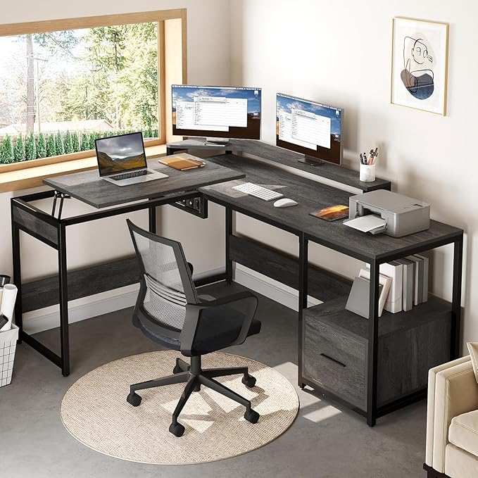 YITAHOME L Shaped Desk with Lift Top 65 Adjustable Standing Desk with File Drawer Corner Computer Desks with Storage Shelves Grey