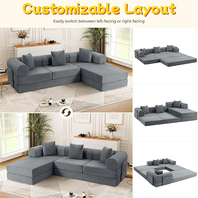 106.3 L Shape Convertible Sleeper Sofa Bed Oversized Modular Sectional Cloud Sofa with Fixed-Shape Frame &amp Storage Pocket Boneless Couch for Living Room No Assembly Required Dark Gray