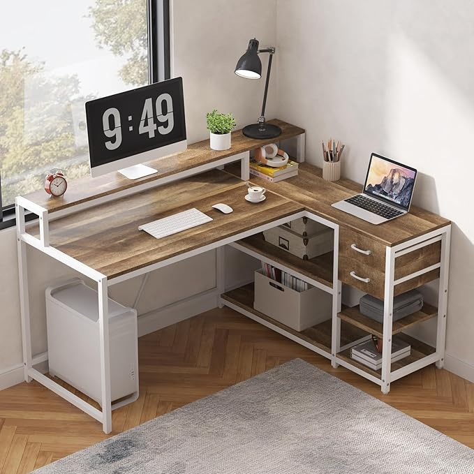 Tribesigns L Shaped Desk with Drawers and Storage Shelves Corner Home Office Desk with Monitor Stand 55 x 24 Desktop Computer Table Gaming Study for Small Space (Oak)