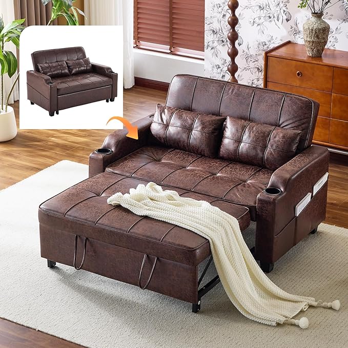 VINGLI Rustic Futon Sofa Bed Convertible Loveseat Sleeper Sofa Couch Pullout Sofa Fold Out Couch Bed with USB Ports Cup Holders Armrest for Living Room Bedroom Apartment Room | Loveseat Sleeper