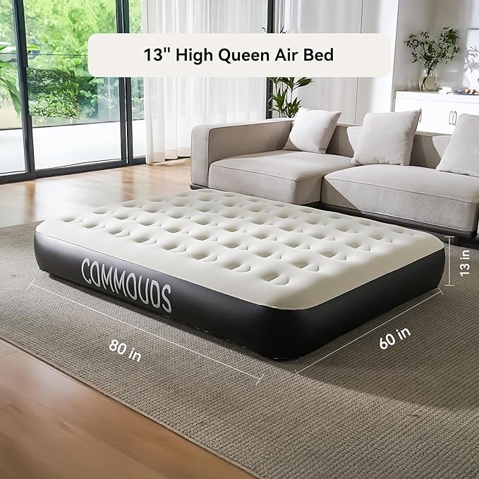 COMMOUDS Queen Air Mattress with Built-in Battery Powered Removable Pump 13 High Inflatable Mattress Portable Blow up Mattress Air Bed for Camping Home and Guest