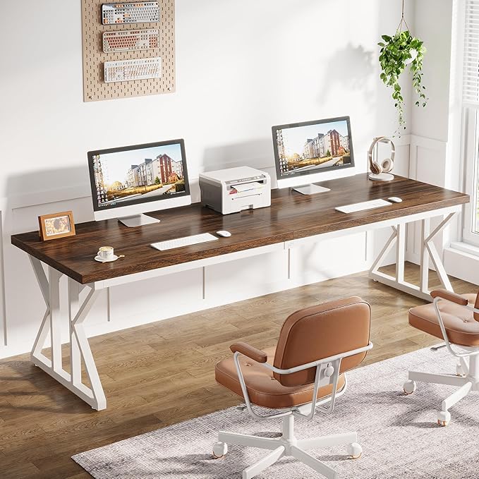 Tribesigns 78.7 Inches Long Computer Desk Two Person Desk Large Executive Office Desk Double Desk Study Writing Table for Home Office (Brown/White)