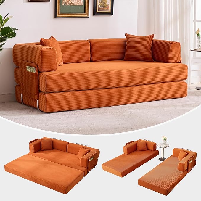 Garvee 5-in-1 Convertible Sofa Bed 78.8 Modular Corduroy Sleeper with Sturdy Frame &amp No Assembly Multi-Functional Futon for Small Space Living Room &amp Guest Room (Green) (Orange)