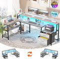 Aheaplus L Shaped Desk with Power Outlet Reversible L Shaped Computer Desk with File Drawer &amp Monitor Stand Gaming Desk with LED Strip Home Office Desk Corner Desk with Storage Shelf White Oak