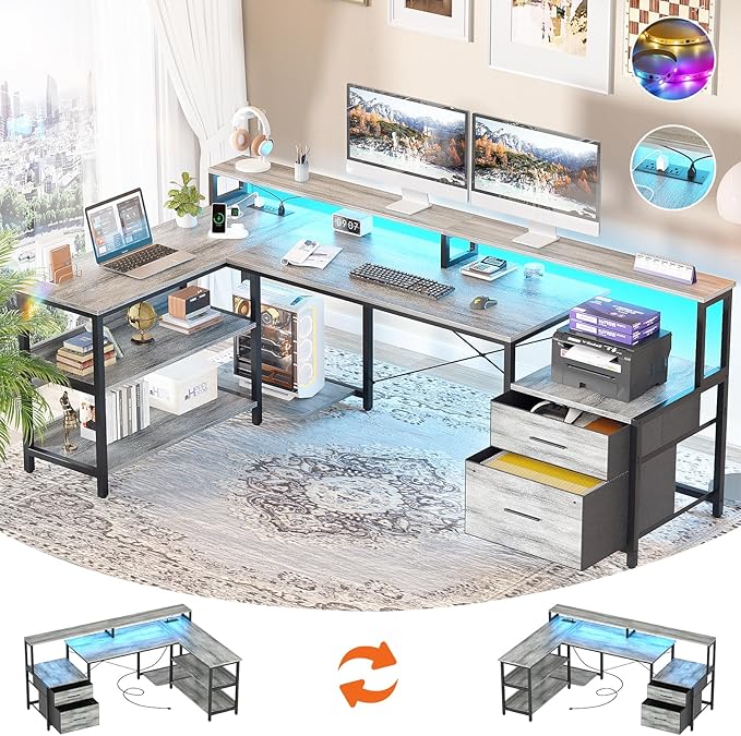Aheaplus L Shaped Desk with Power Outlet Reversible L Shaped Computer Desk with File Drawer &amp Monitor Stand Gaming Desk with LED Strip Home Office Desk Corner Desk with Storage Shelf White Oak