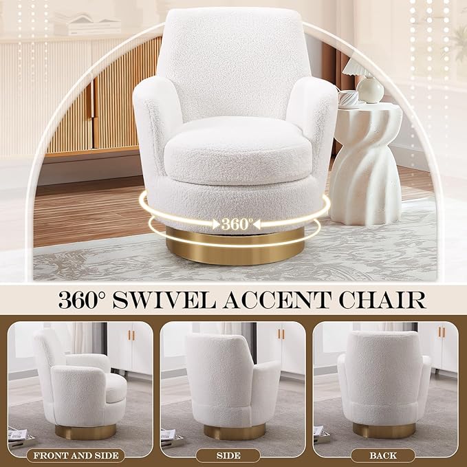 SLEERWAY 360° Swivel Barrel Chair Set of 2 28.3 Modern Teddy Round Accent Chair Comfy Upholstered Small Armchair with Gold Metal Base for Living Room Bedroom Nursery Office Sillas para Sala Ivory