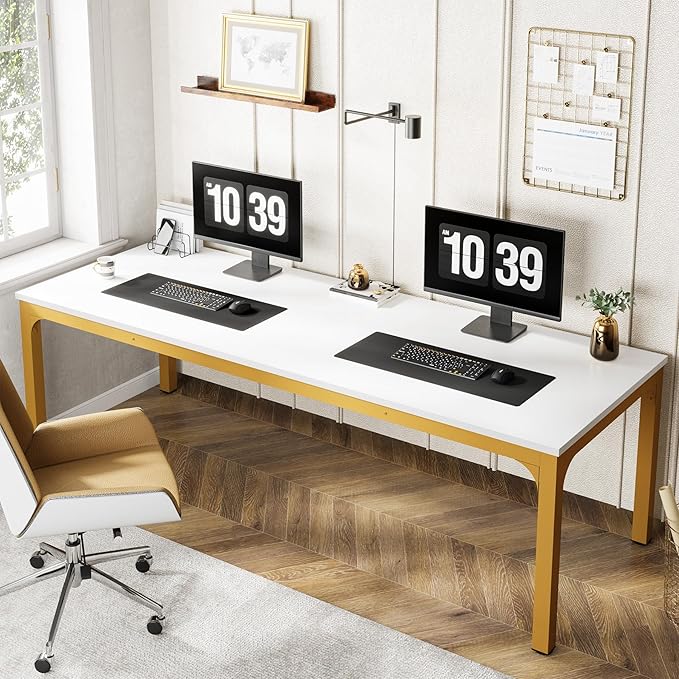 Tribesigns Modern 78.7 Inches Extra Long Computer Desk 2 Person Desk Double Long Desk Workstaion for Home Office White+Gold