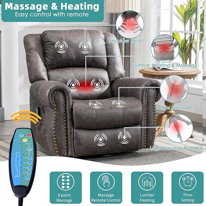 MEETWARM Massage Swivel Rocker Recliner with Heat and Vibration Manual Glider Rocking Recliner Chair 360°Swivel Lounge Reclining Chair with Remote Control/USB Ports for Living Room(Gray)