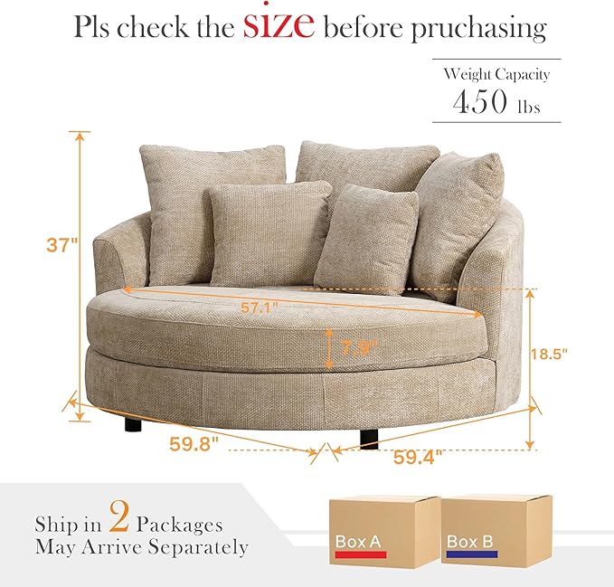 Aoiy &amp Wifon 59.8 W Oversized Barrel Chairs Round Accent Chair with Wheels Extra Large Living Room Chair Knitted Chenille Wheat