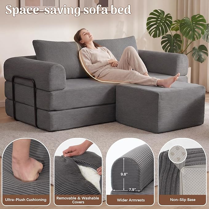 Redlife 78 Folding Sofa Bed with Ottoman Modular Loveseat Sleeper Couch Convertible Floor Sofa Corduroy Fabric Wide Armrests 28.3 Deep Seat Removable Covers &amp Side Pocket No Assembly Gra