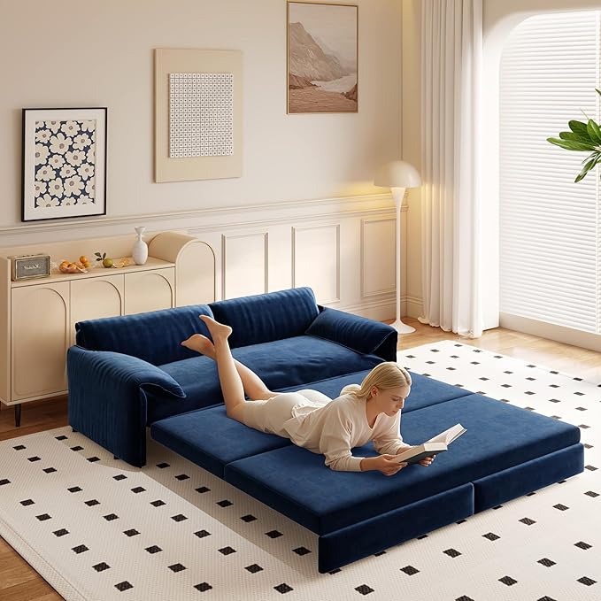 Futon Sofa Bed Queen Size66 Pull Out Sofa Bed with Side Storage Multi-Functional Velvet Sleeper Sofa for Living Room Bedroom Apartment Office Small SpaceBlue