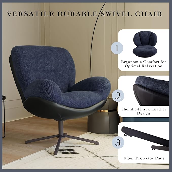 360° Swivel Chenille Chair Modern Lounge Chair with Faux Leather Accents and Black Metal Frame for Reading Nook Living Room Office