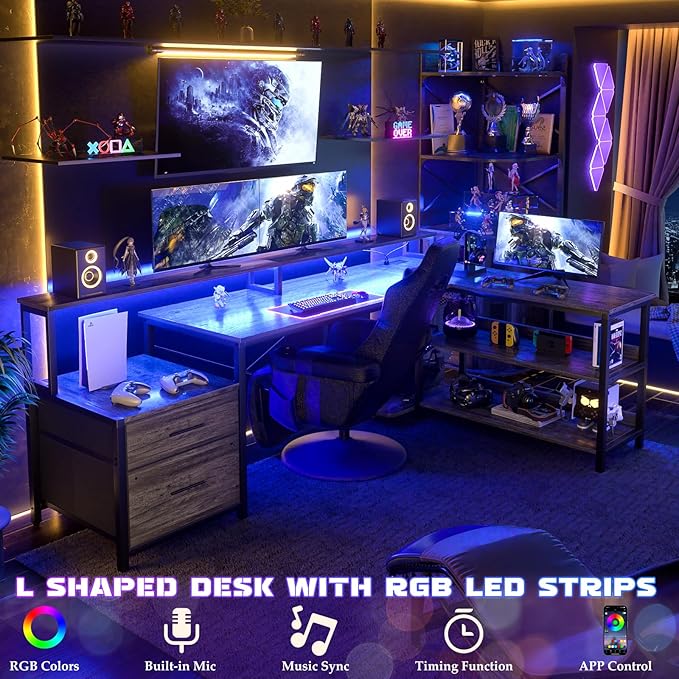 Aheaplus L Shaped Desk with Power Outlet Reversible L Shaped Computer Desk with File Drawer &amp Monitor Stand Gaming Desks with LED Strip Home Office Desks with Storage Shelf Grey Oak