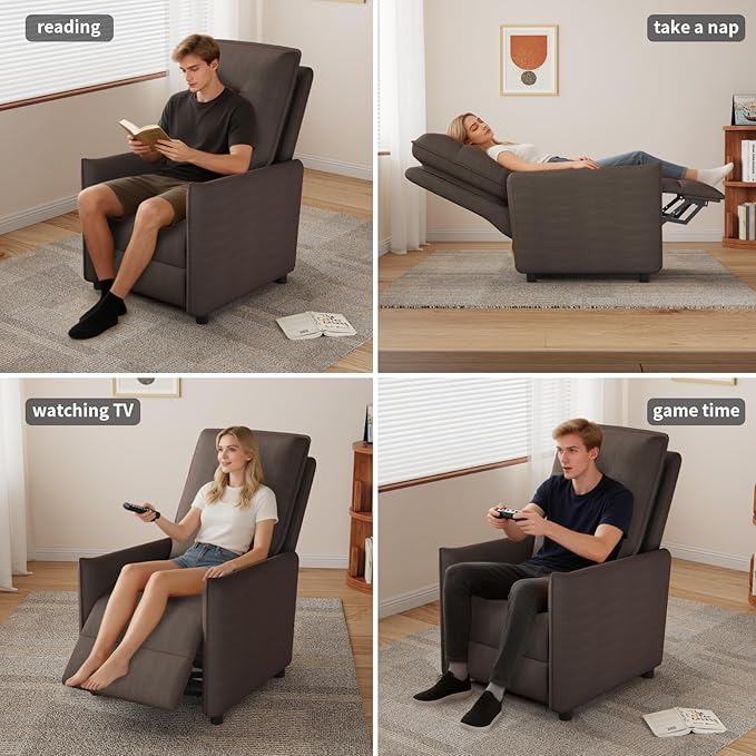 Manual Recliner Chair for Adult Velvet Reclining Chair with Chunky Cushion for Small Space Comfortable Reclining Sofa for Living Room Bedroom Home Theater Easy Assembly (Coffee)