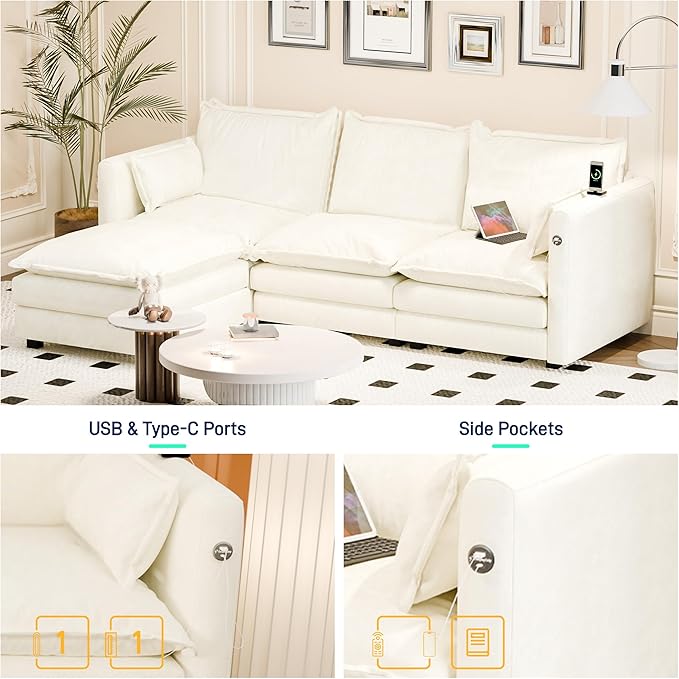DYHOME l Shaped Sectional Couch with Padded Armrests Modern Modular Sectional Sofa 3 Seat with USB/Type-C Charging Port 27 Inch Deep Seat Chenille Cloud Couch with 5 Pillow for Living Room Bedroom
