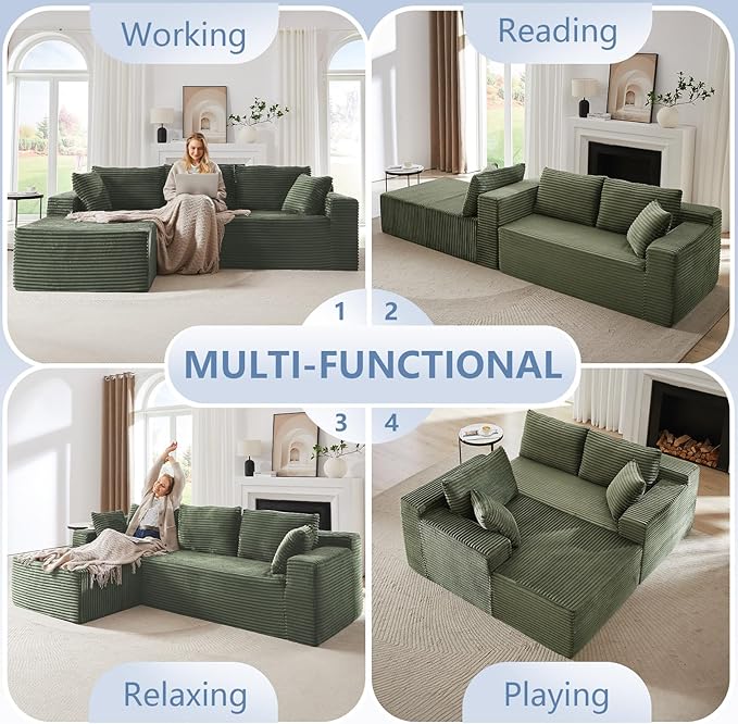103 L-Shape Cloud Couch with Chaise Upholstered Corduroy Modular Sectional Sofa Deep Seat Couch with Free Combination for Living Room &amp ApartmentNo Assembly Required(GreenLeft Facing Chaise)