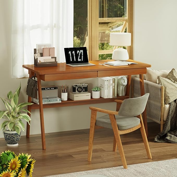Solid Wood Desk with Drawers - 47.2 Inch Mid Century Modern Desks Writing Desk with Storage Shelf Home Office Desks for Bedroom &amp Home Walnut Color